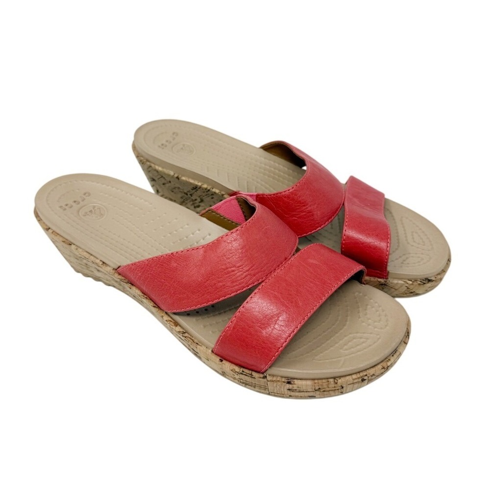Crocs Womens A-Leigh Leather Mini Wedge Double Strap Sandal Orange 8 - Picture 12 of 13